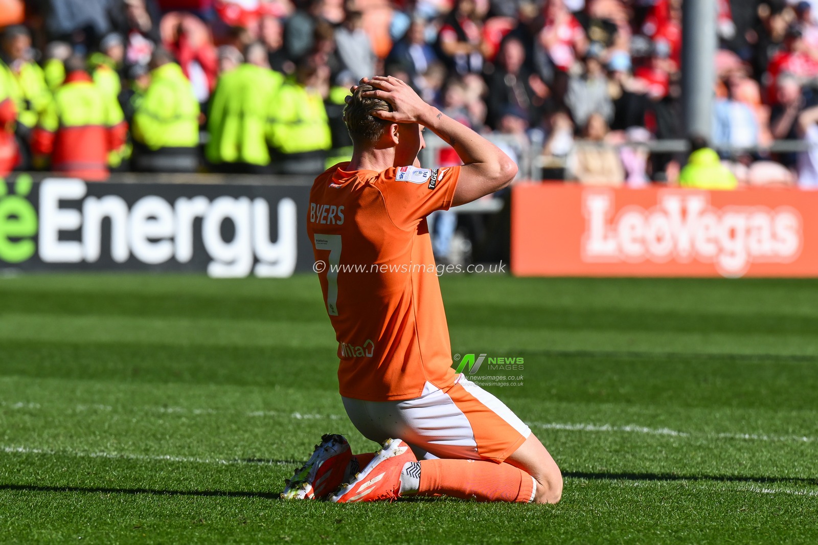 George Byers of Blackpool reacts after missing a chance on goal during the Sky Bet League 1 match Blackpool vs Barnsley at Bloomfield Road, Blackpool, United Kingdom, 20th April 2024

(Photo by Craig Thomas/News Images)