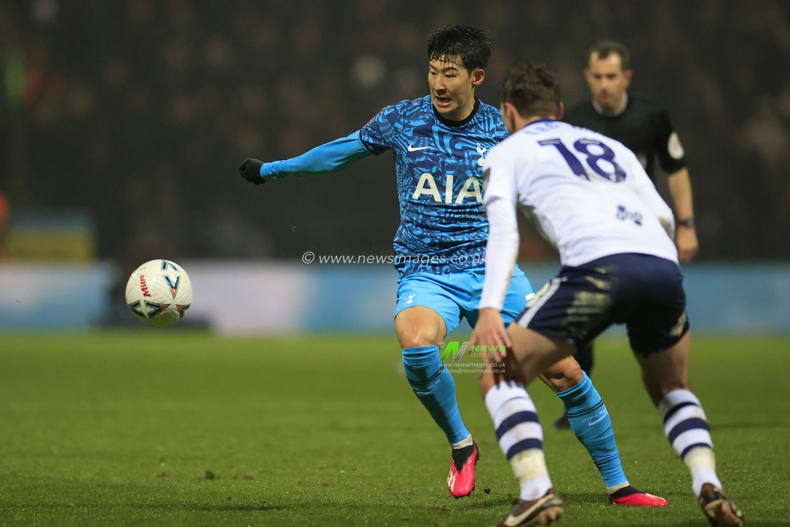 Son Heung-Min #7 of Tottenham Hotspur tries to get past Ryan Ledson #18 of Preston North End during the Emirates FA Cup Fourth Round match Preston North End vs Tottenham Hotspur at Deepdale, Preston, United Kingdom, 28th January 2023

(Photo by Conor Molloy/News Images)