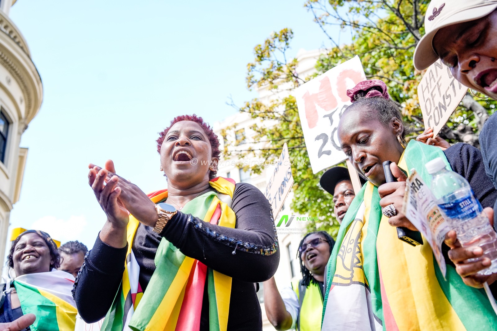 UK-based Zimbabweans gather outside the Zimbabwe Embassy in London on 18 April 2026 to protest the Constitution of Zimbabwe Amendment (No. 3) Bill, which critics say would extend President Mnangagwa’s rule until 2030 and strip citizens of the direct vote for president.

(Photo by Maynard Manyowa/News Images)