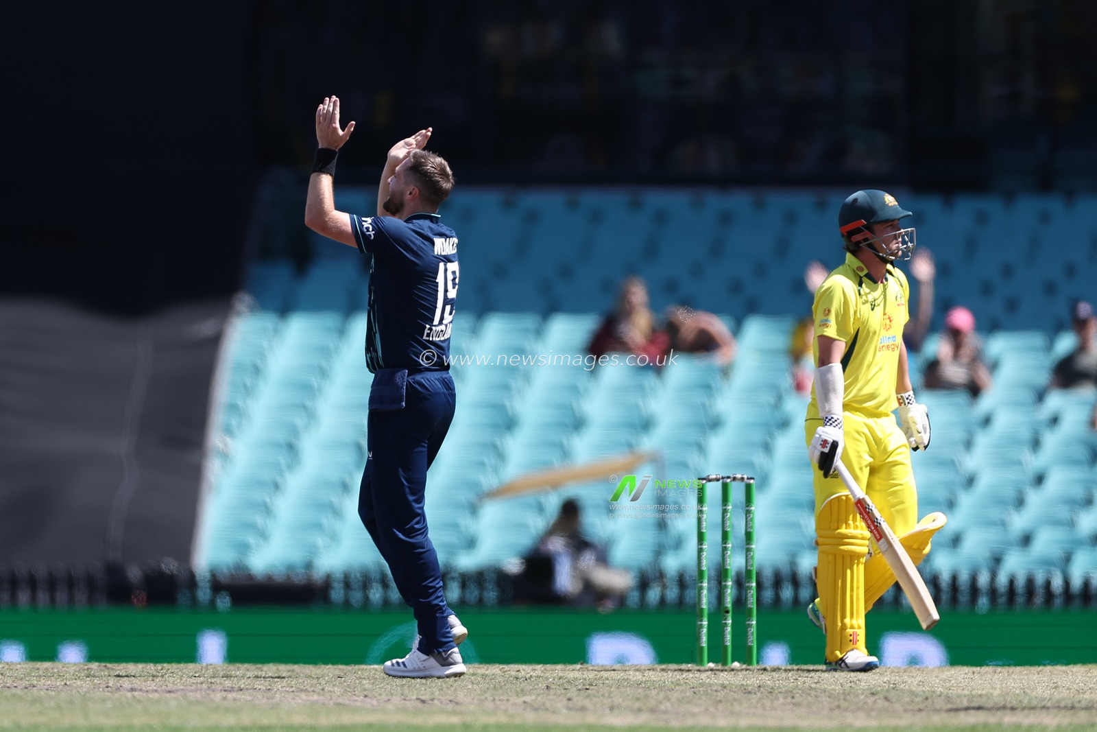 Chris Woakes of England celebrates after Travis Head of Australia is dismissed during the Dettol Series 2nd ODI match Australia vs England at SCG, Sydney, Australia, 19th November 2022

(Photo by Patrick Hoelscher/News Images)