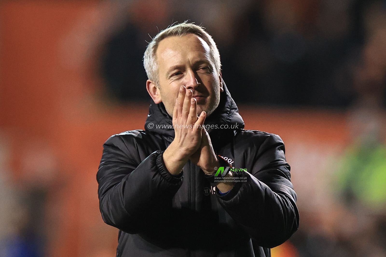 Neil Critchley head Coach of Blackpool applauds the fans after Blackpool win 1-0