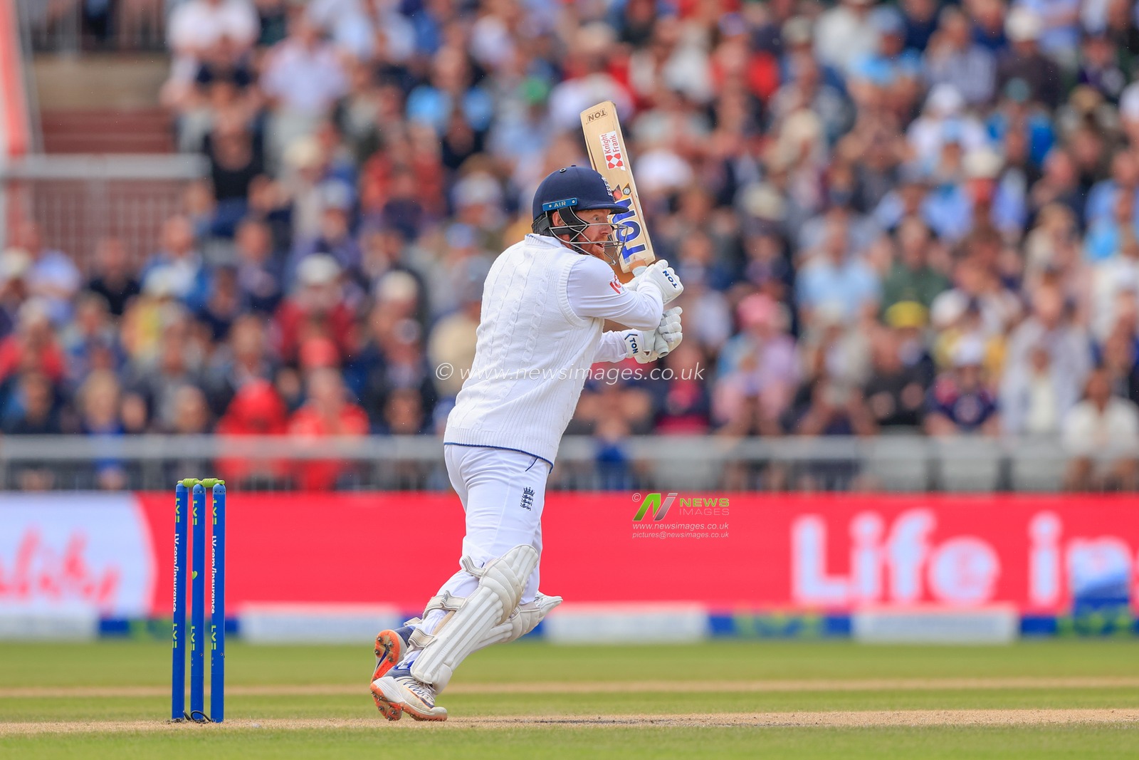 Jonny Bairstow of England plays a shot during the LV= Insurance Ashes Fourth Test Series Day Three Test Series match England vs Australia at Old Trafford, Manchester, United Kingdom, 21st July 2023

(Photo by Conor Molloy/News Images)
