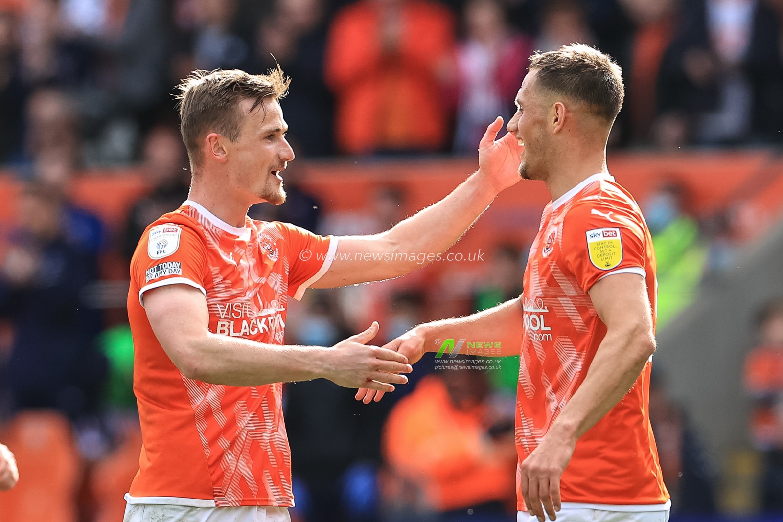 Callum Connolly #2 of Blackpool celebrates his goal to make it 6-1with Jerry Yates #9 of Blackpool