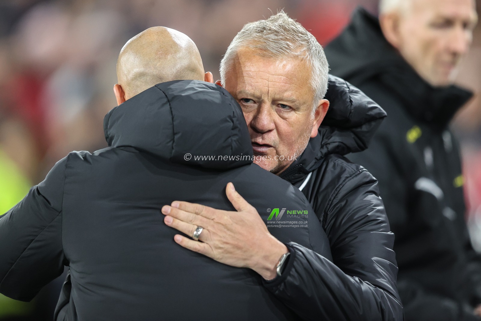 Luke Williams of Swansea City embraces Chris Wilder manager of Sheffield United before the game during the Sky Bet Championship match Sheffield United vs Swansea City at Bramall Lane, Sheffield, United Kingdom, 2nd October 2024

(Photo by Alfie Cosgrove/News Images)