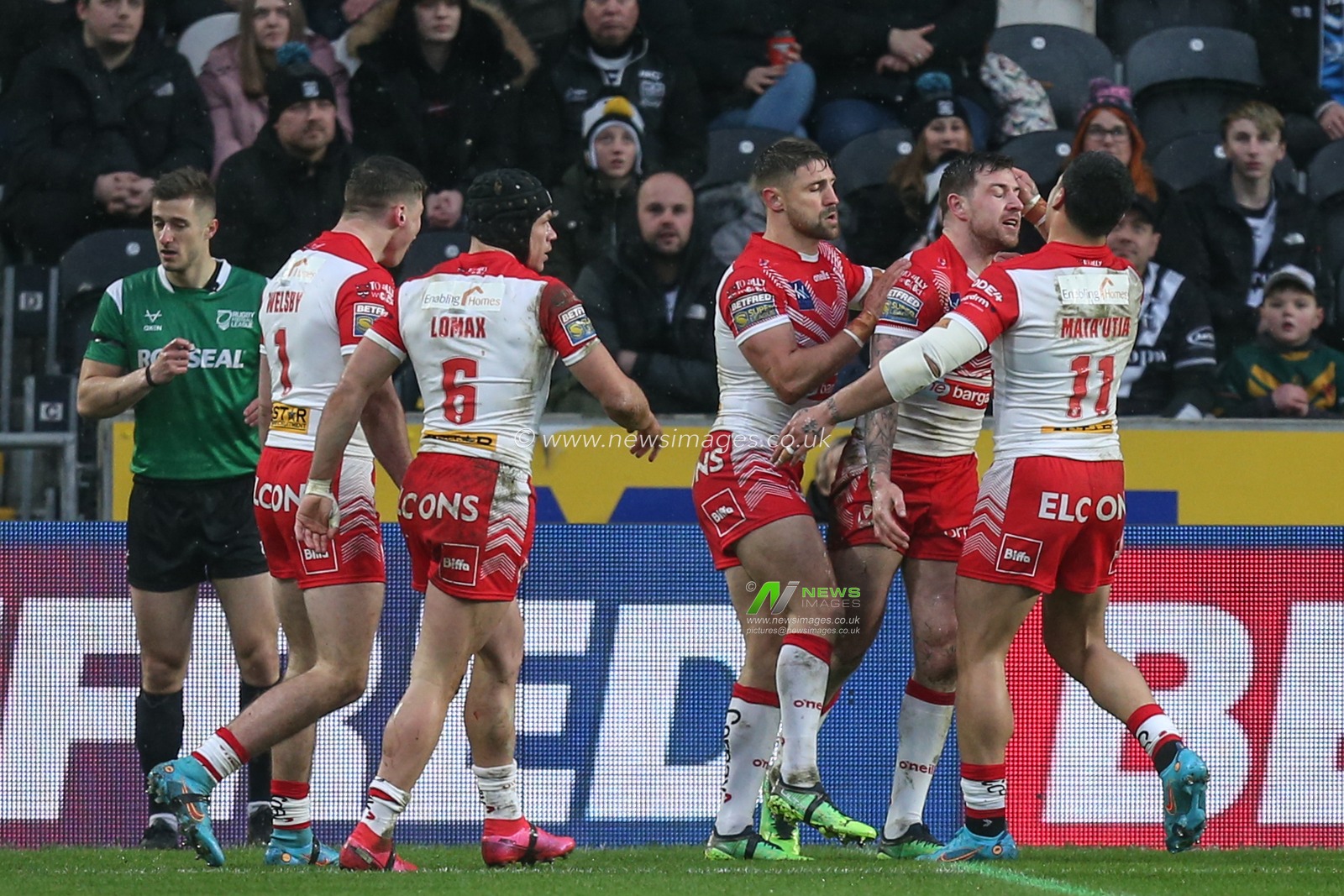 Mark Percival (4) of St Helens celebrates his try in the first half