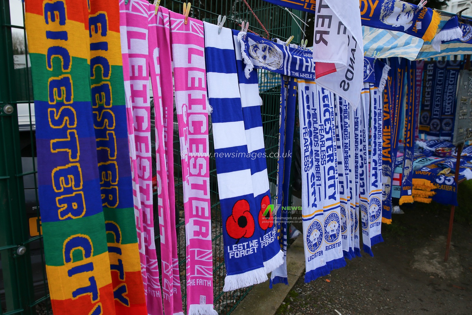 Leicester City scarves for sale ahead of the Sky Bet Championship match Leicester City vs Huddersfield Town at King Power Stadium, Leicester, United Kingdom, 1st January 2024

(Photo by Gareth Evans/News Images)
