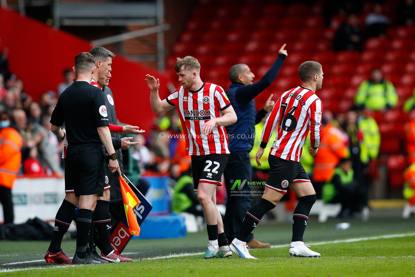 Tommy Doyle #22 of Sheffield United comes off as a substitute for Ciaran Clark #26 of Sheffield United during the Sky Bet Championship match Sheffield United vs Cardiff City at Bramall Lane, Sheffield, United Kingdom, 15th April 2023

(Photo by Ben Early/News Images)