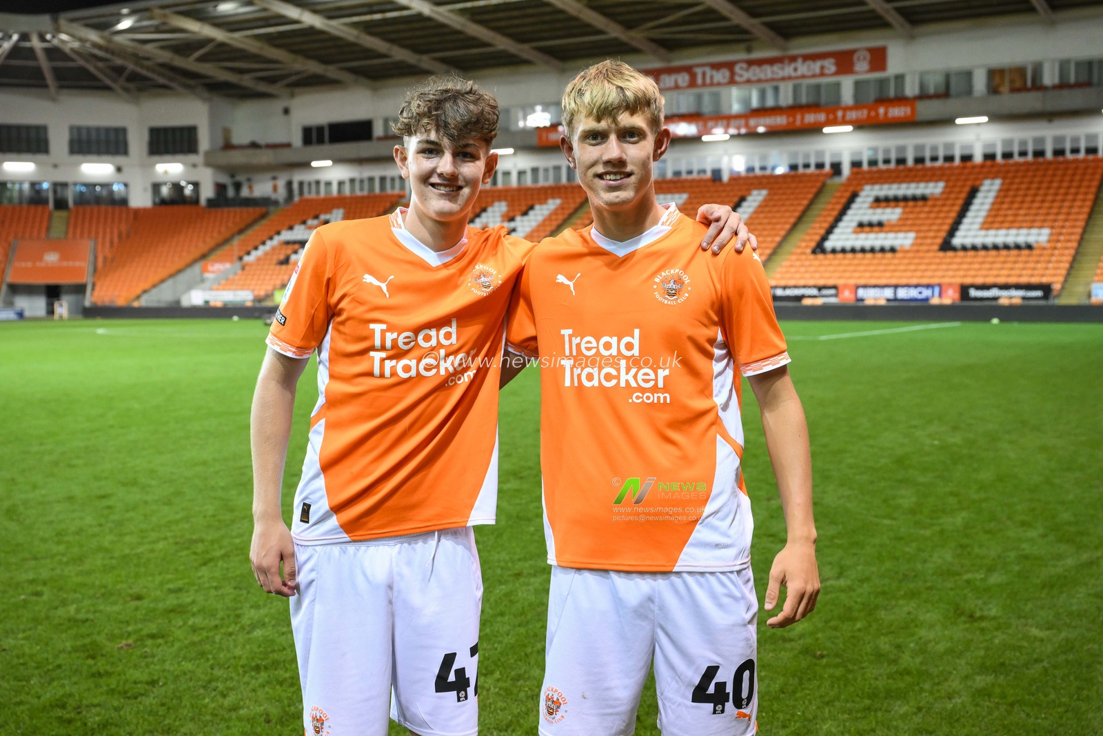 Theo Upton of Blackpool and Spencer Knight of Blackpool together after making there debuts inthe Bristol Street Motors Trophy match Blackpool vs Crewe Alexandra at Bloomfield Road, Blackpool, United Kingdom, 3rd September 2024

(Photo by Craig Thomas/News Images)