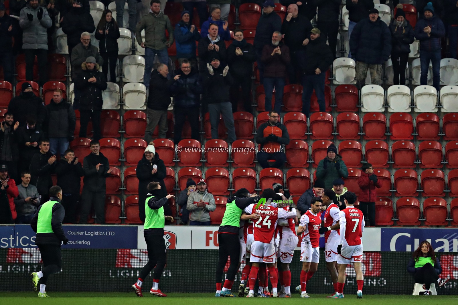 tLouie Sibley of Rotherham United celebrates his goal during the Sky Bet League 1 match Rotherham United vs Wycombe Wanderers at New York Stadium, Rotherham, United Kingdom, 18th March 2025

(Photo by Sam Eaden/News Images)