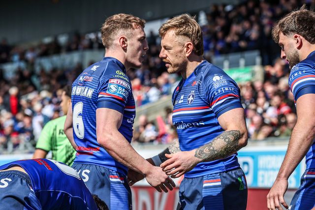 Tom Johnstone of Wakefield Trinity celebrates his try during the Betfred Super League round 8 match Wakefield Trinity vs Bradford Bulls at DIY Kitchens Stadium, Wakefield, United Kingdom on 18 April 2026

(Photo by Alfie Cosgrove/News Images)