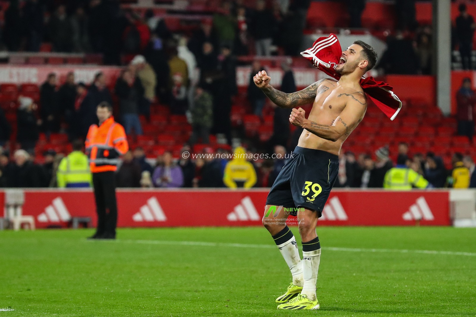 Bruno GuimarÃ£es of Newcastle United celebrates his teams win after the Premier League match Nottingham Forest vs Newcastle United at City Ground, Nottingham, United Kingdom, 10th February 2024

(Photo by Gareth Evans/News Images)