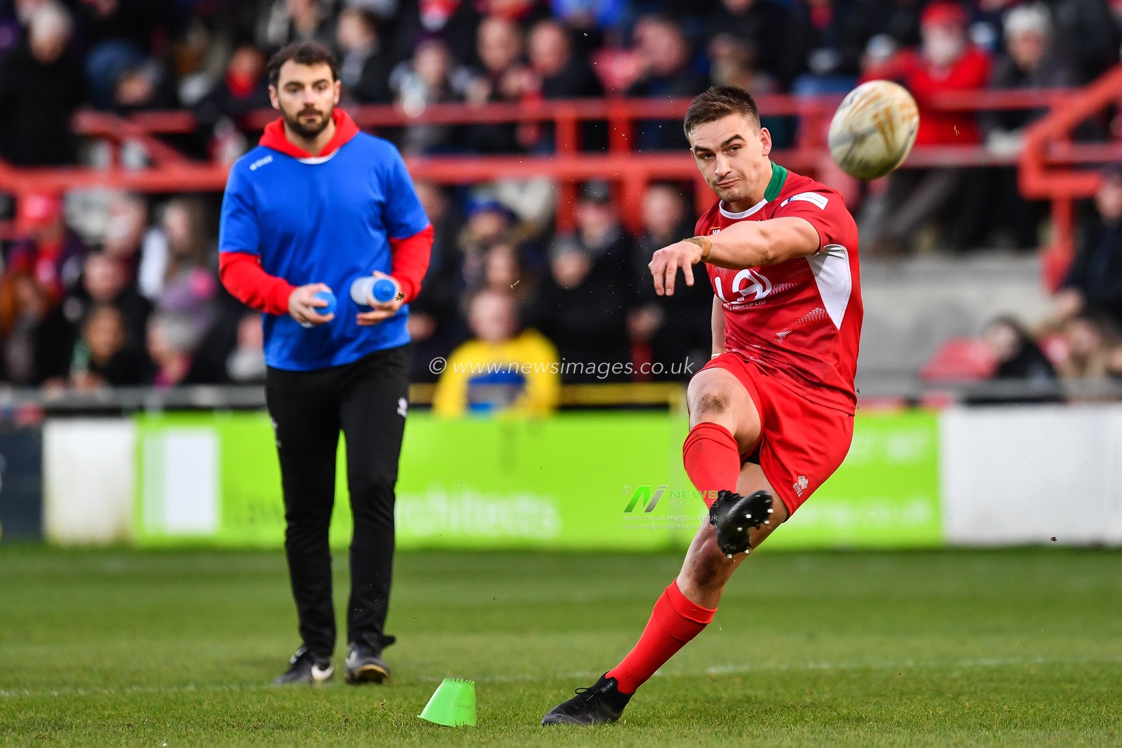11th November 2018 , Racecourse Ground,  Wrexham, Wales ;  Rugby League World Cup Qualifier,Wales v Ireland ; James Olds of Wales kicks a goal


Credit:   Craig Thomas/News Images