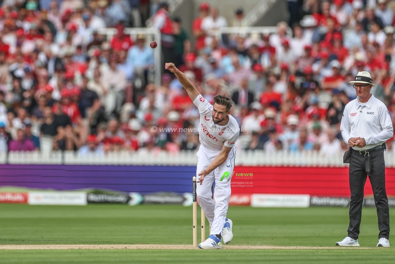 Chris Woakes of England delivers the ball during the Rothesay Test Match Day Two England v West Indies at Lords, London, United Kingdom, 11th July 2024

(Photo by Mark Cosgrove/News Images)