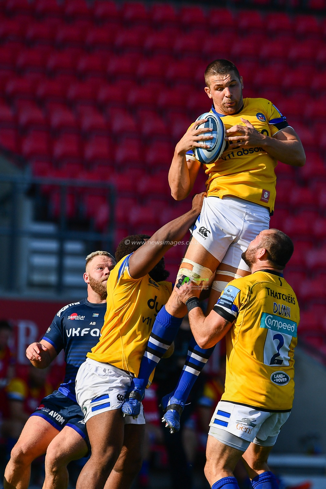 Josh McNally of Bath claims the high ball