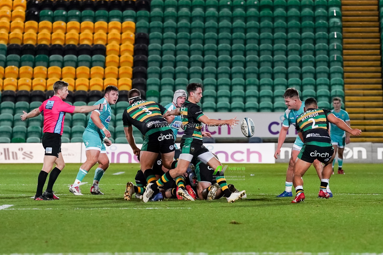 Alex Mitchell #9 of Northampton Saints clears the ball
