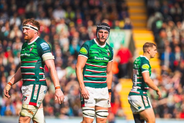 Ollie Chessum of Leicester Tigers and Jack van Poortvliet of Leicester Tigers and Cameron Henderson of Leicester Tigers during the Gallagher Premiership Play-off Semi-final Leicester Tigers vs Sale Sharks at Mattioli Woods Welford Road Stadium, Leicester, United Kingdom, 7th June 2025

(Photo by Craig Evans/News Images)