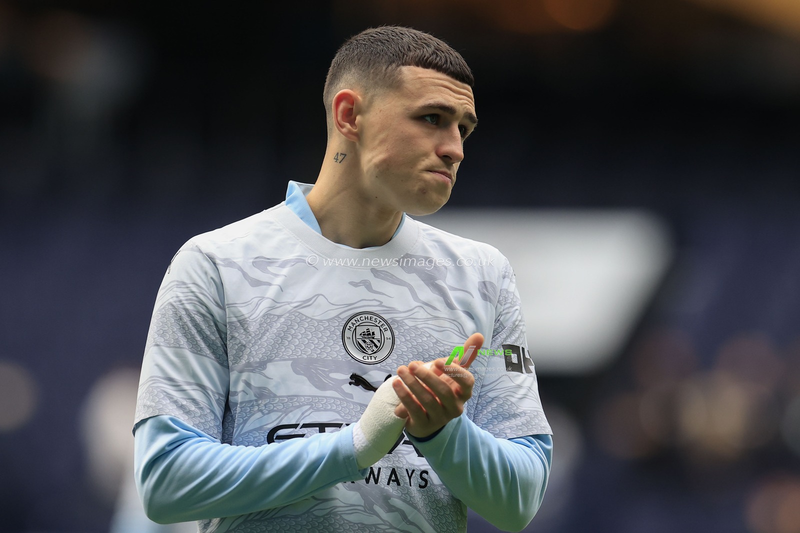 Phil Foden of Manchester City during the warm up ahead of the Premier League match Manchester City vs Everton at Etihad Stadium, Manchester, United Kingdom, 10th February 2024

(Photo by Conor Molloy/News Images)