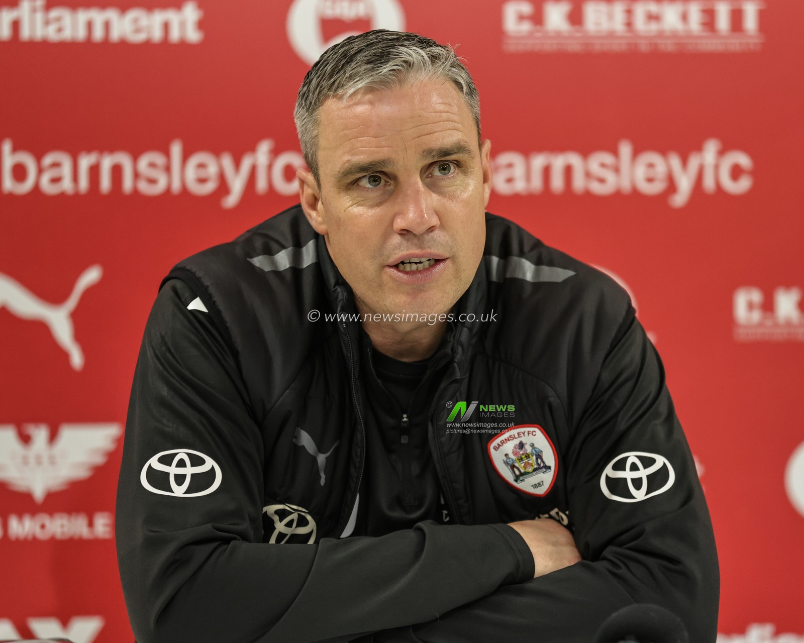 Michael Duff manager of Barnsley speaks in the post match press conference during the Sky Bet League 1 Play-off match Barnsley vs Bolton Wanderers at Oakwell, Barnsley, United Kingdom, 19th May 2023

(Photo by Mark Cosgrove/News Images)