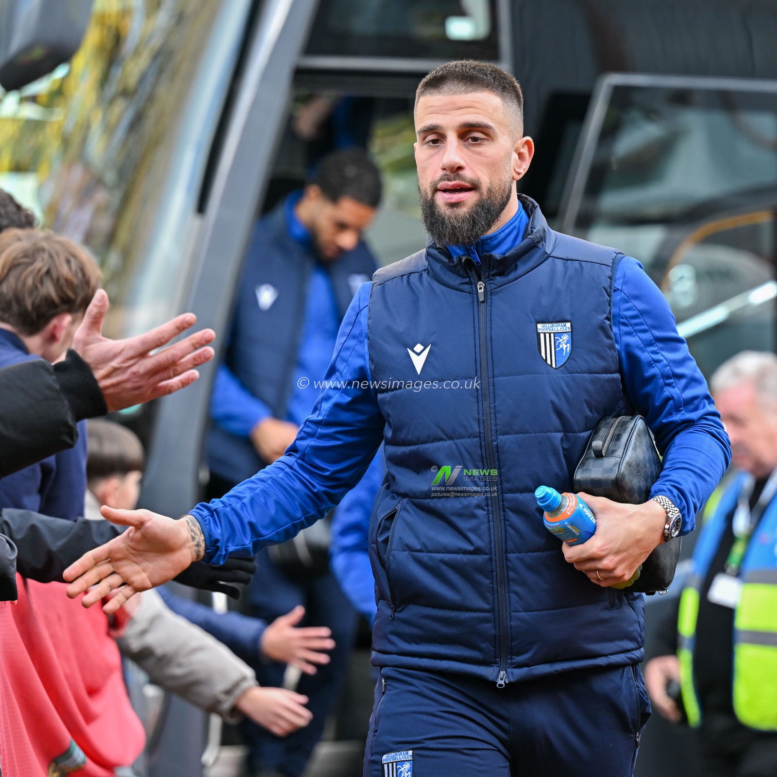 Max Ehmer 5# of Gillingham Football Club arrives ahead of the match, during the Sky Bet League 2 match Wrexham vs Gillingham at SToK Cae Ras, Wrexham, United Kingdom, 11th November 2023

(Photo by Cody Froggatt/News Images)