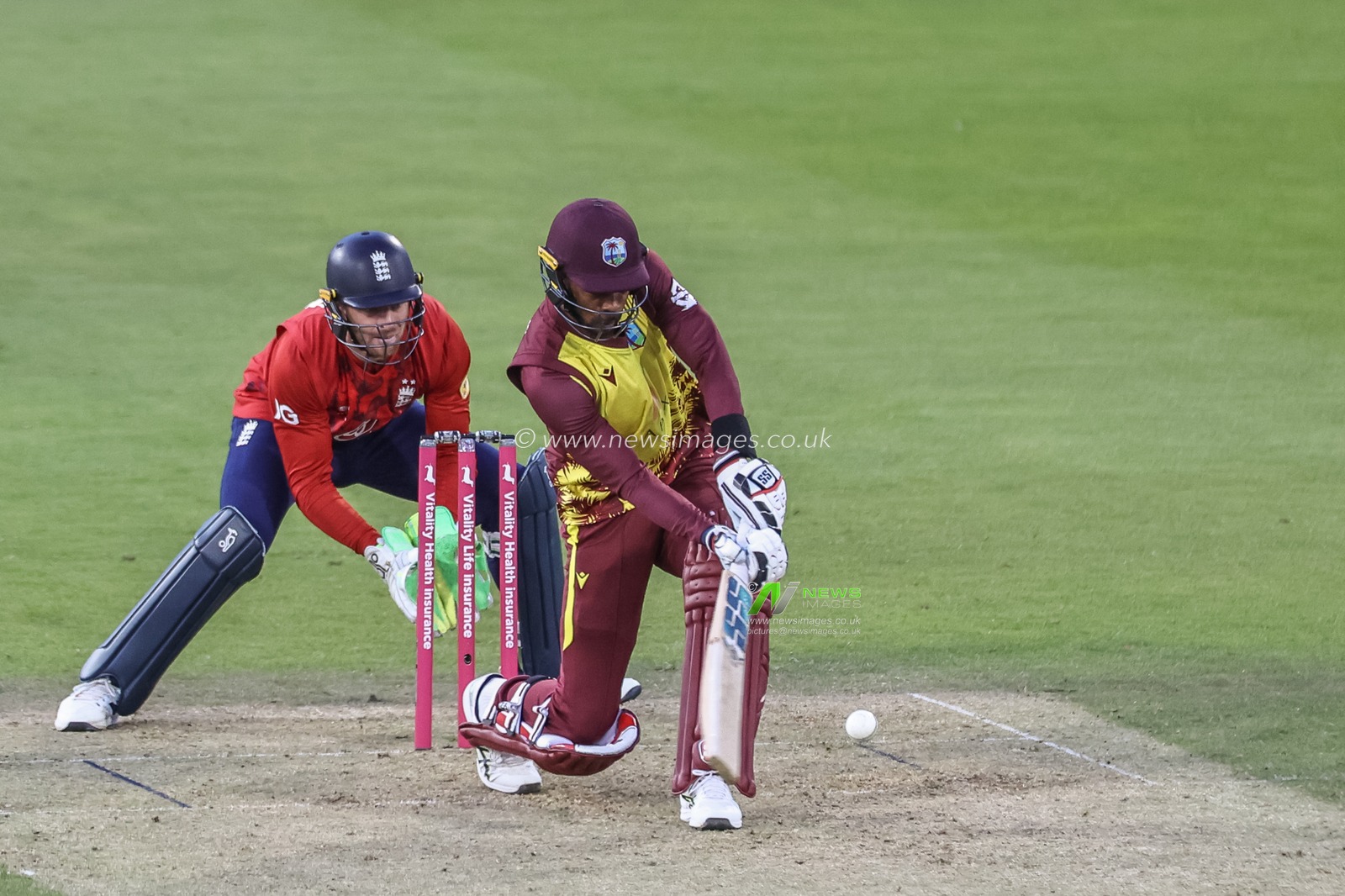 Roston Chase of West Indies hits a four (4) during the 1st Vitality T20 International Series England v West Indies at Banks Homes Riverside Stadium, Chester-le-street, United Kingdom, 6th June 2025

(Photo by Mark Cosgrove/News Images)