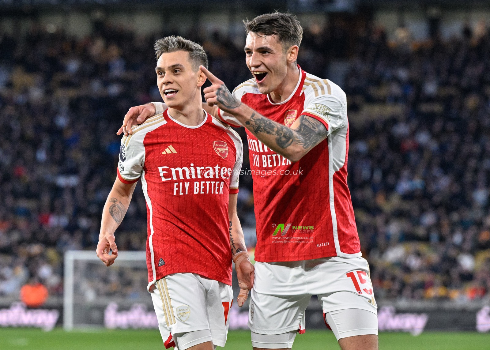 Leandro Trossard of Arsenal celebrates his goal to make it 0-1 Arsenal, during the Premier League match Wolverhampton Wanderers vs Arsenal at Molineux, Wolverhampton, United Kingdom, 20th April 2024

(Photo by Cody Froggatt/News Images)