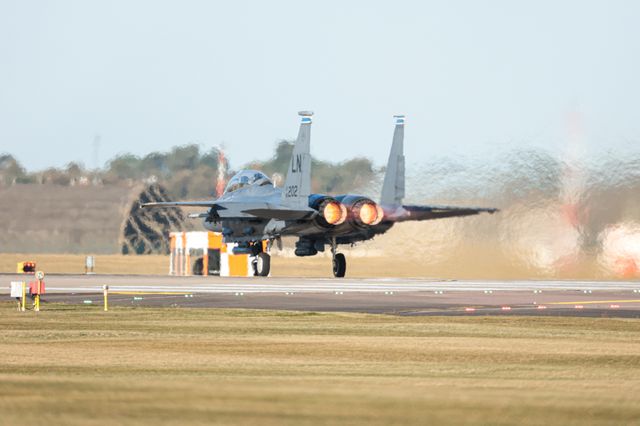 A USAF F15 assigned to the 48th Fighter Wing conducts a combat readiness exercise at RAF Lakenheath, Lakenheath, United Kingdom, 28th August 2025

(Photo by Seth Rose/News Images)