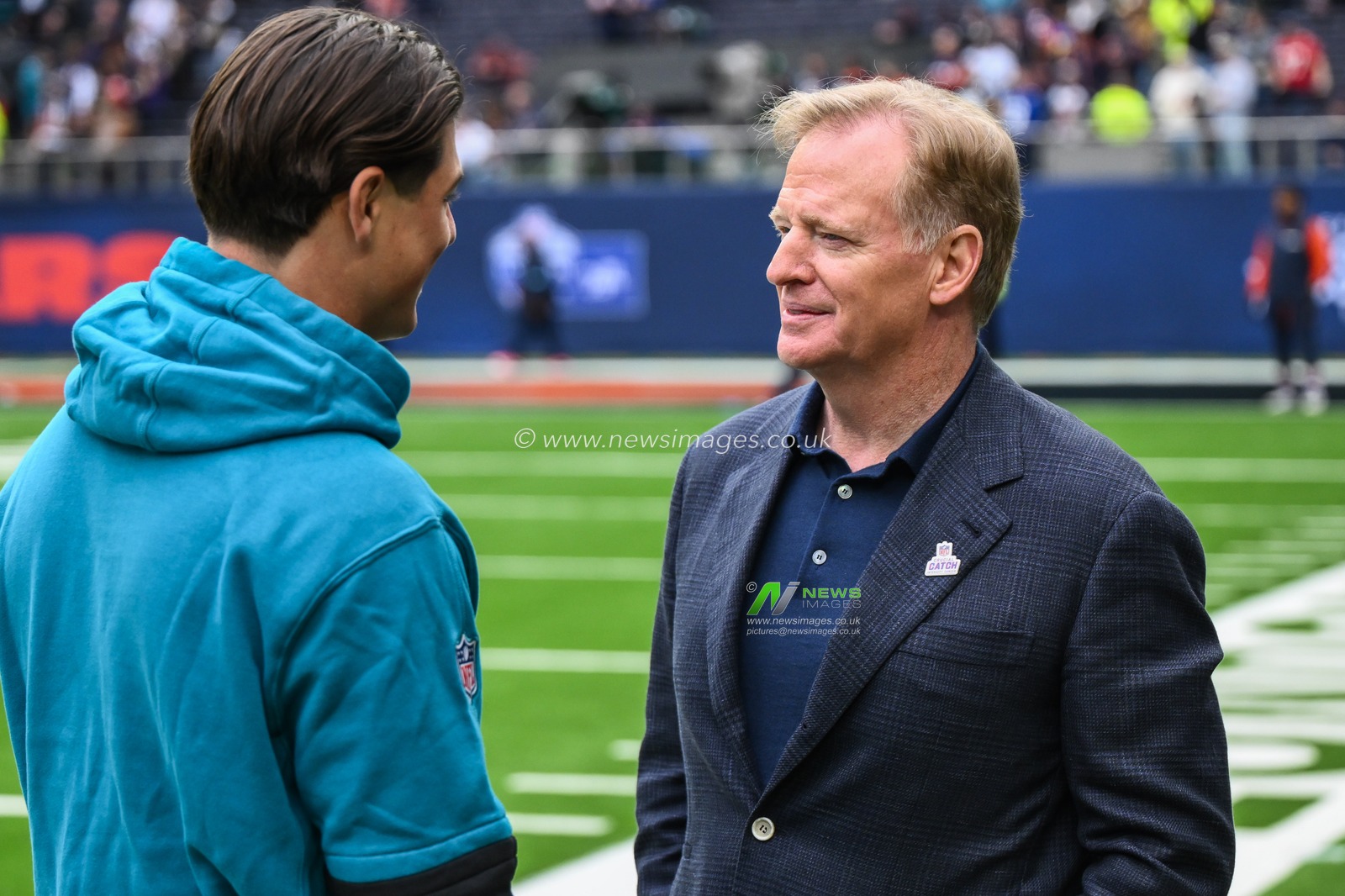 NFL Commissioner Roger Goodell chats to Louis Rees-Zammit of the Jacksonville Jaguars ahead of the Week 6 match Chicago Bears vs Jacksonville Jaguars at Tottenham Hotspur Stadium, London, United Kingdom, 13th October 2024

(Photo by Craig Thomas/News Images)