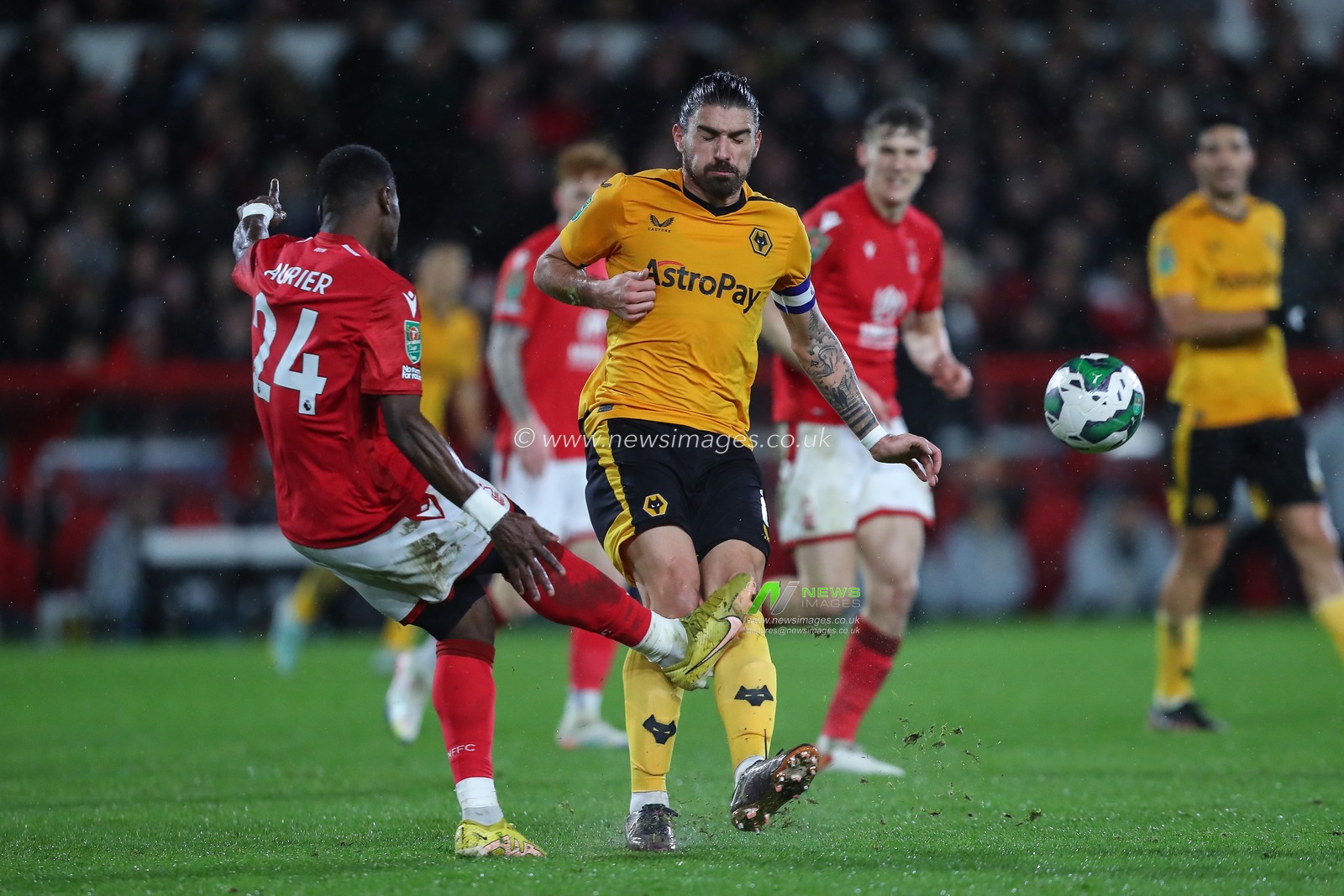 Serge Aurier #24 of Nottingham Forest clears the ball from RubÃ©n Neves #8 of Wolverhampton Wanderers during the Carabao Cup Quarter Final match Nottingham Forest vs Wolverhampton Wanderers at City Ground, Nottingham, United Kingdom, 11th January 2023

(Photo by Gareth Evans/News Images)