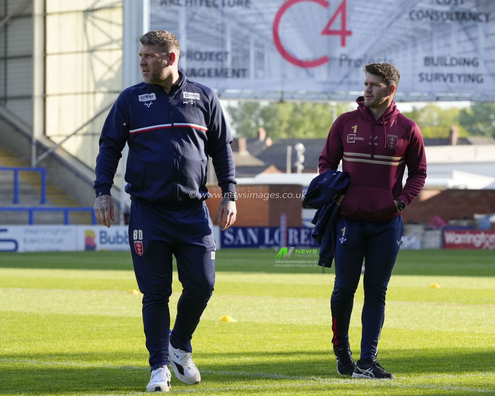 Lachlan Coote #1 of Hull KR  and Hull KR coach Brett Delaney inspect the pitch before the Betfred Super LeagueRound 12 match Warrington Wolves vs Hull KR at Halliwell Jones Stadium, Warrington, United Kingdom, 12th May 2023

(Photo by Steve Flynn/News Images)