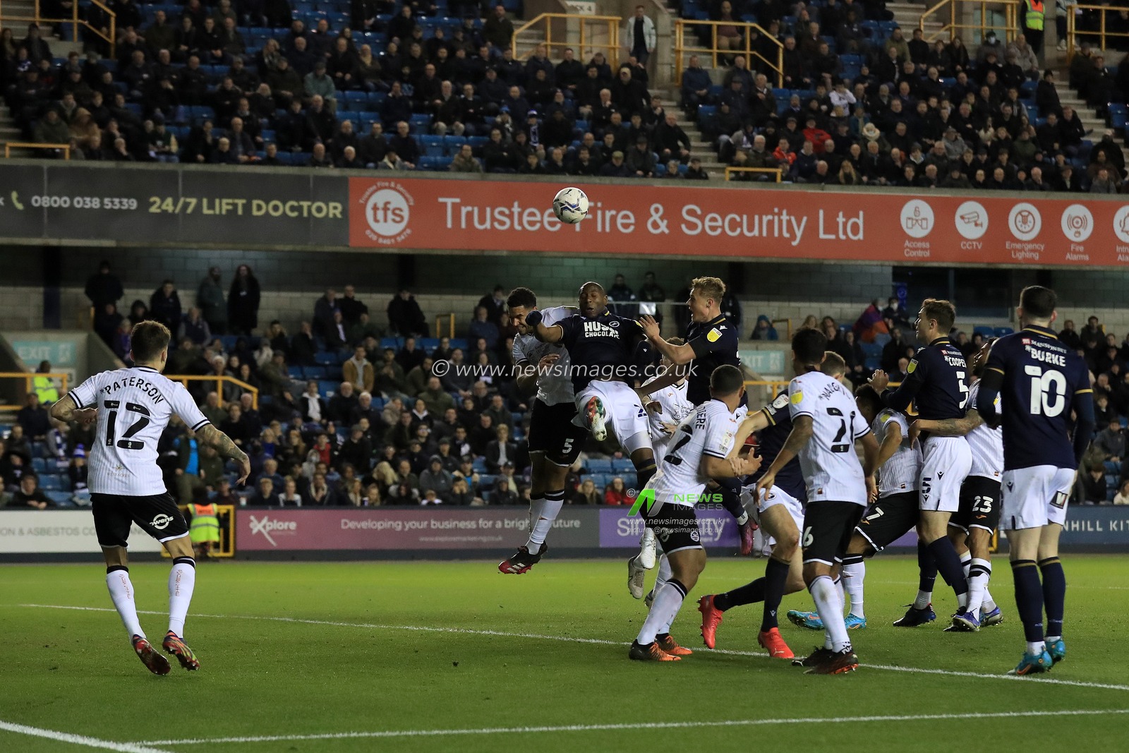 Benik Afobe #23 of Millwall tries to connect with a cross.