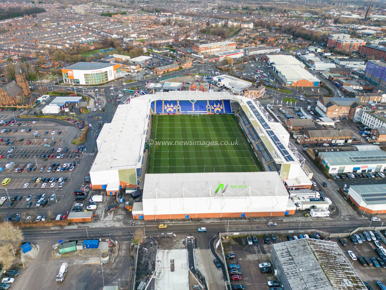 General aerial view of The Halliwell Jones Stadium, Home of Warrington Wolves ahead of the Betfred Super League Round 1 match Warrington Wolves vs Leeds Rhinos at Halliwell Jones Stadium, Warrington, United Kingdom, 16th February 2023

(Photo by Craig Thomas/News Images)