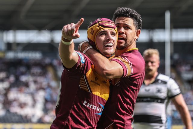 George Flanagan  of Huddersfield Giants celebrates his try during the Betfred Super League round 20 match Hull FC vs Huddersfield Giants at MKM Stadium, Hull, United Kingdom, 26th July 2025

(Photo by Alfie Cosgrove/News Images)