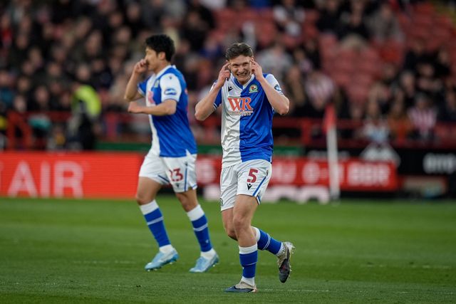 Taylor Gardner-Hickman of Blackburn Rovers  celebrates Yuki Ohashi of Blackburn Rovers scoring his goal to make it  0-1 during the Sky Bet Championship match Sheffield United vs Blackburn Rovers at Bramall Lane, Sheffield, United Kingdom on 22 April 2026

(Photo by Maynard Manyowa/News Images)