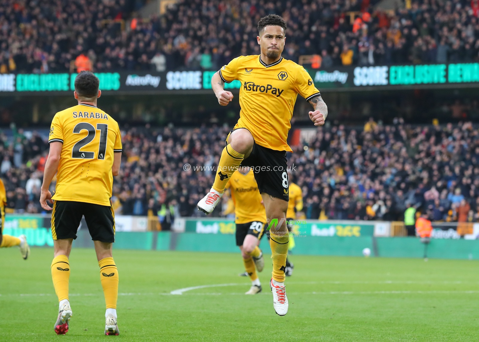 JoÃ£o Gomes of Wolverhampton Wanderers celebrates NÃ©lson Semedo of Wolverhampton Wanderers goal to make it 2-0 Wolverhampton Wanderers, during the Premier League match Wolverhampton Wanderers vs Fulham at Molineux, Wolverhampton, United Kingdom, 9th March 2024

(Photo by Gareth Evans/News Images)