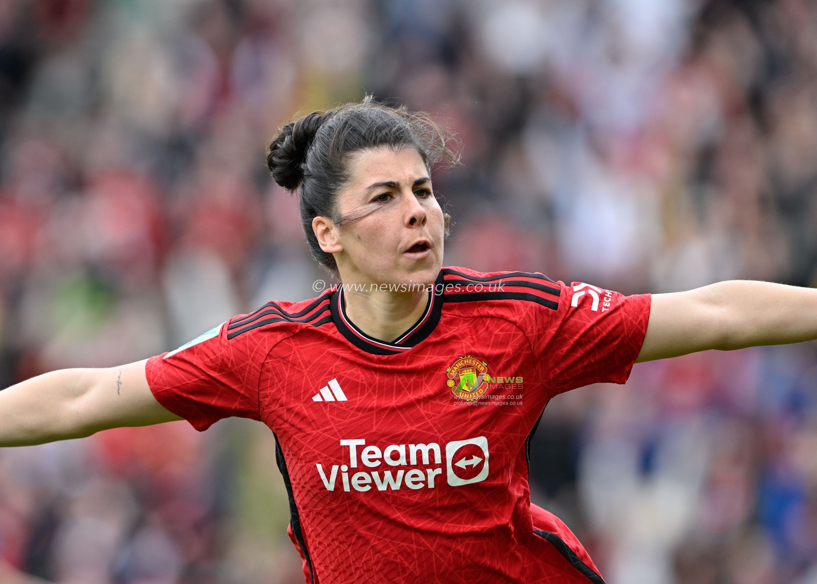 LucÃ­a GarcÃ­a of Manchester United Women celebrates her goal to make it 1-0 Manchester United Women, during the Adobe Women's FA Cup Semi-Final match Manchester United Women vs Chelsea FC Women at Leigh Sports Village, Leigh, United Kingdom, 14th April 2024

(Photo by Cody Froggatt/News Images)