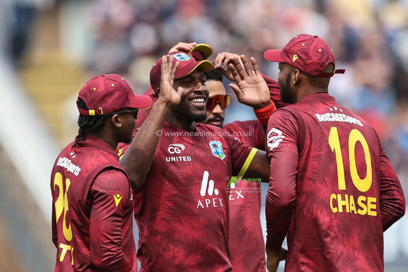 Roston Chase of West Indies celebrates the wicket of Ben Duckett of England with team mates during the 1st Metro Bank ODI England vs West Indies at Edgbaston, Birmingham, United Kingdom, 29th May 2025

(Photo by Mark Cosgrove/News Images)