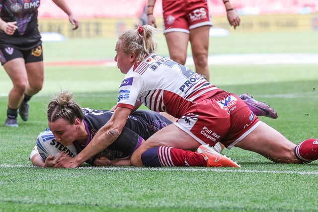 Lucy McColm goes over for a try during the Betfred Women's Challenge Cup Final Wigan Warriors vs St Helens at Wembley Stadium, London, United Kingdom on 30 May 2026

(Photo by Mark Cosgrove/News Images)