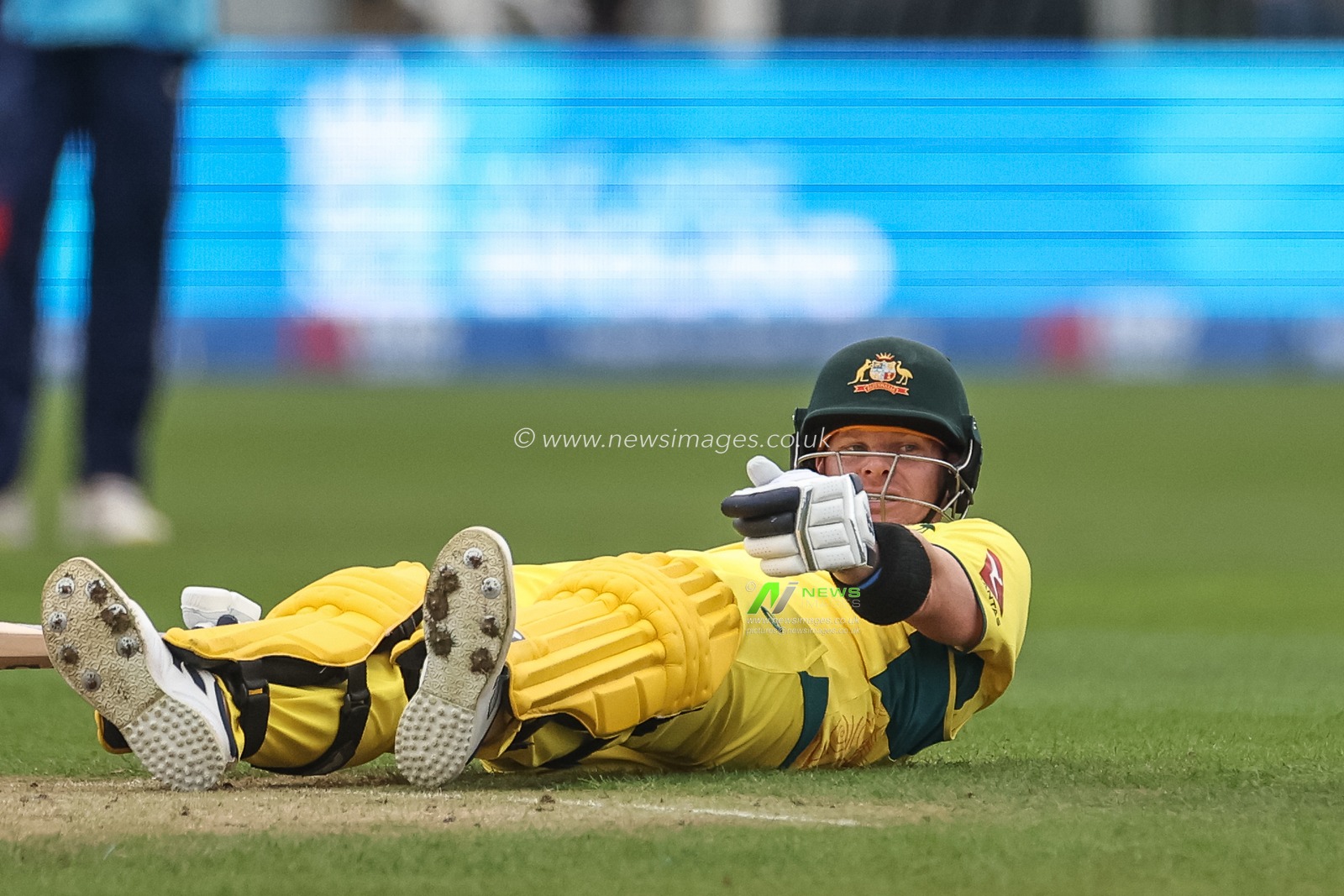 Steve Smith of Australia ends up on the floor after a swing at the ball during the Third Metro Bank One Day International match England vs Australia at The Seat Unique Riverside, Chester-le-street, United Kingdom, 24th September 2024

(Photo by Mark Cosgrove/News Images)