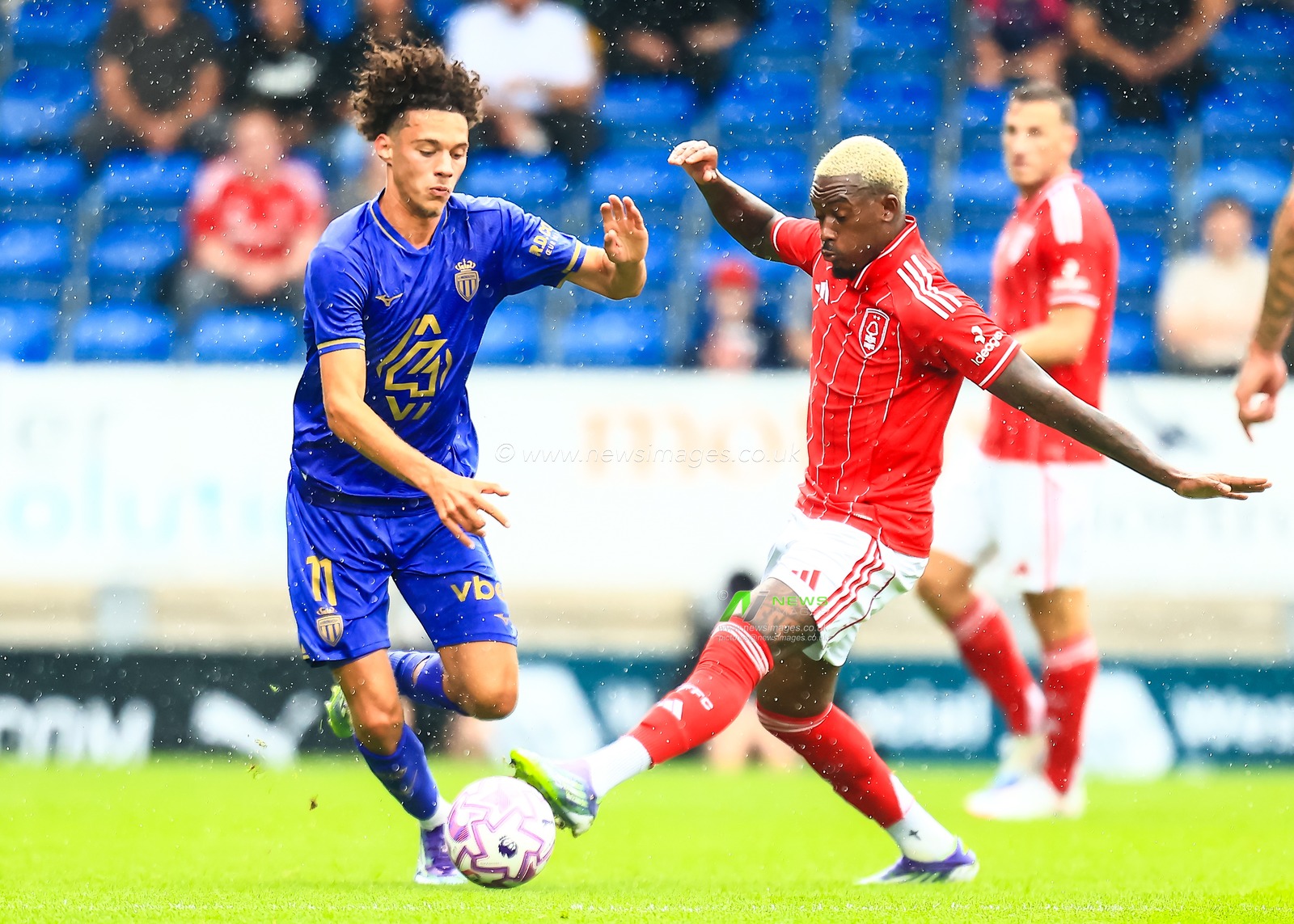 Callum Hudson-Odoi of Nottingham Forest puts in a tackle on Maghnes Akliouche of Monaco during the Pre-season friendly match Nottingham Forest vs Monaco at SMH Group Stadiumact Stadium, Chesterfield, United Kingdom, 19th July 2025

(Photo by Richard Bierton/News Images)