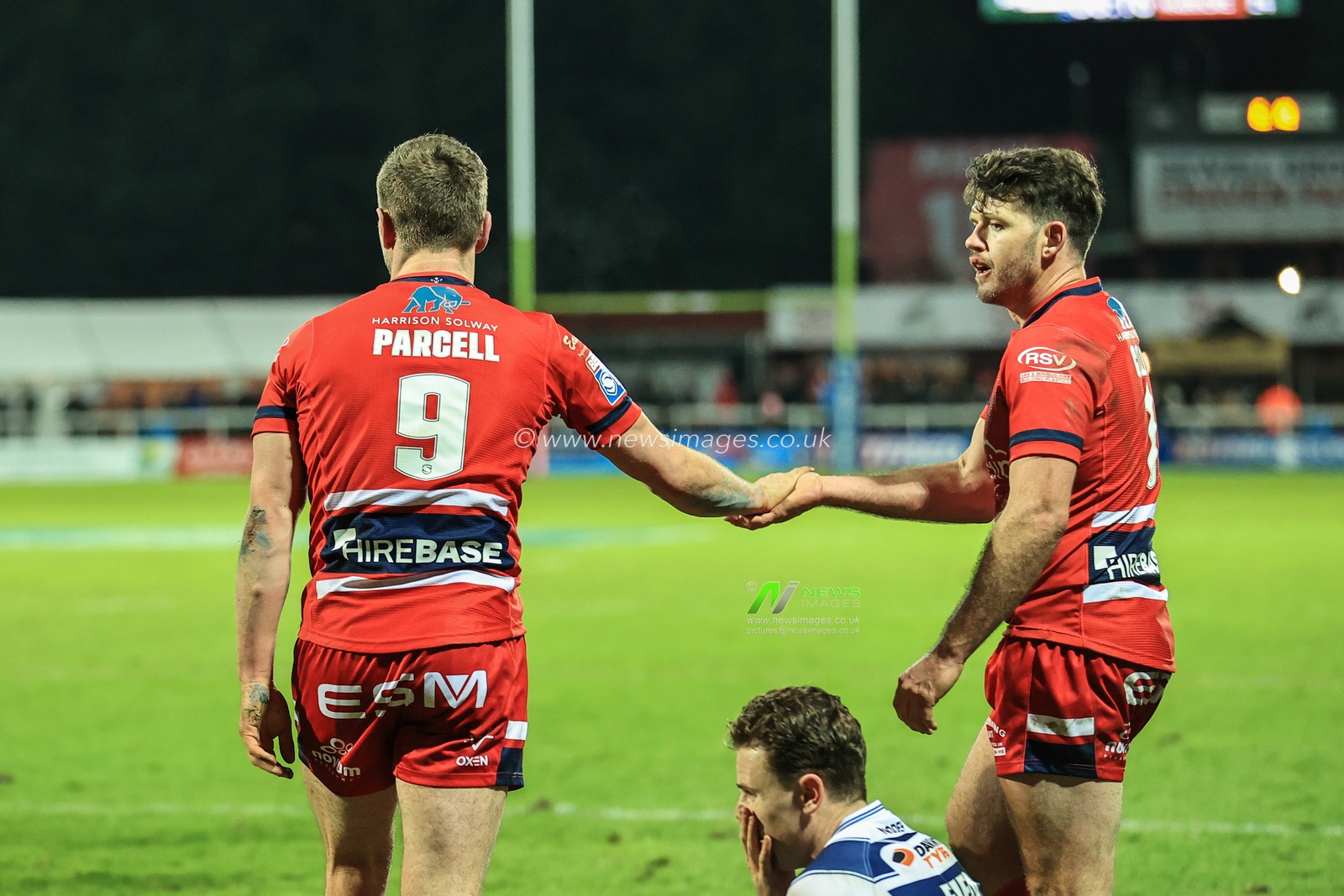 Matt Parcell #9 of Hull KR celebrates his try with Lachlan Coote #1 of Hull KR