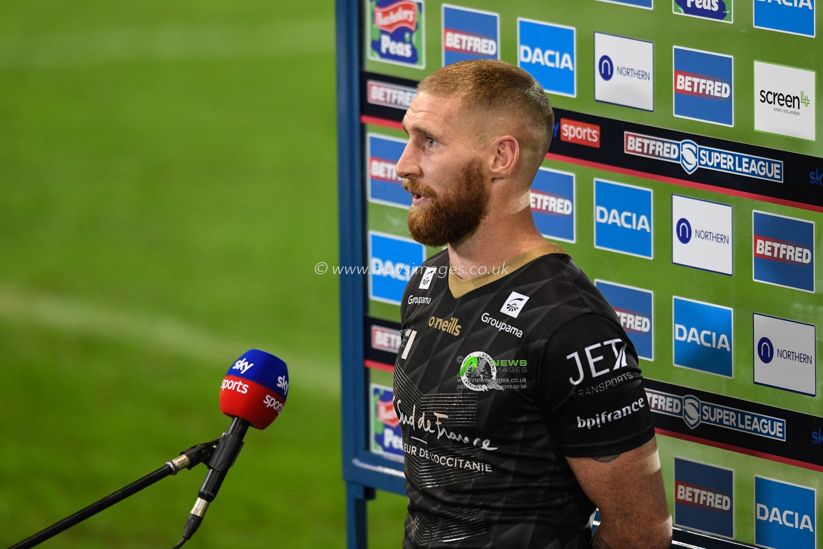 Sam Tomkins #29 of Catalans Dragons during the post match interview