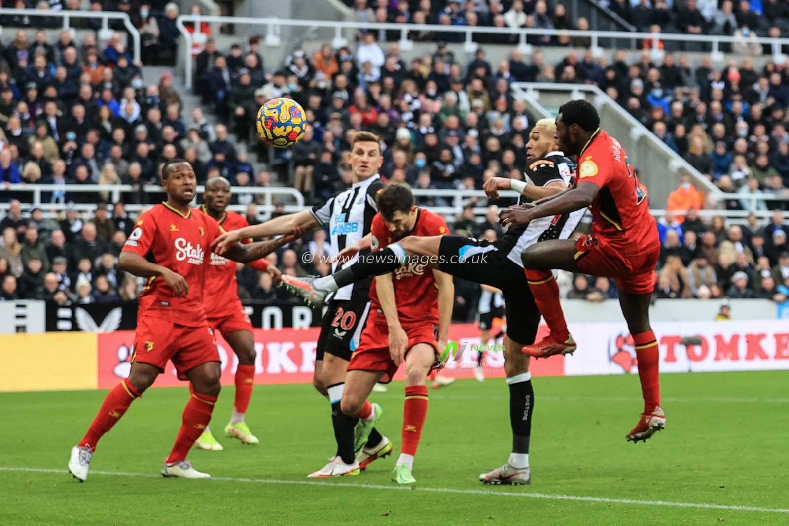 Joelinton #7 of Newcastle United shoots on goal, rebounds out off the upright