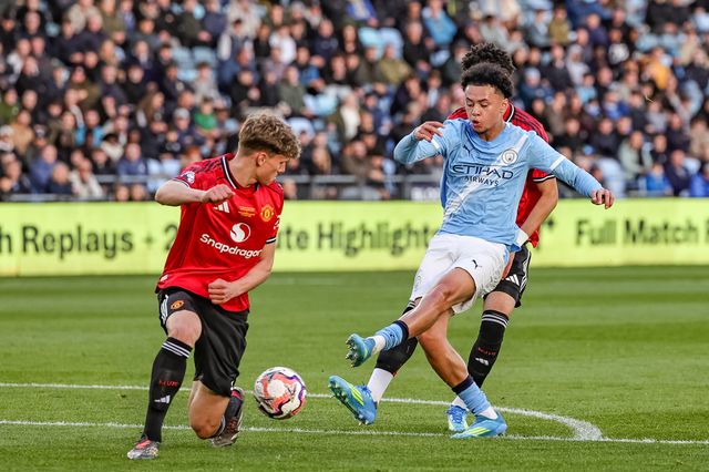 Dante Headley of Manchester City U18's shoots on goal during the FA Youth Cup Final match Manchester City U18 vs Manchester United U18 at Joie Stadium, Manchester, United Kingdom on 14 May 2026

(Photo by Mark Cosgrove/News Images)
