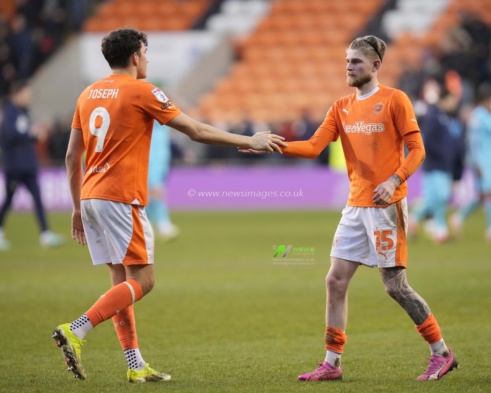 Kyle Joseph of Blackpool shakes hands with Hayden Coulson of Blackpool after the Sky Bet League 1 match Blackpool vs Oxford United at Bloomfield Road, Blackpool, United Kingdom, 10th February 2024

(Photo by Steve Flynn/News Images)