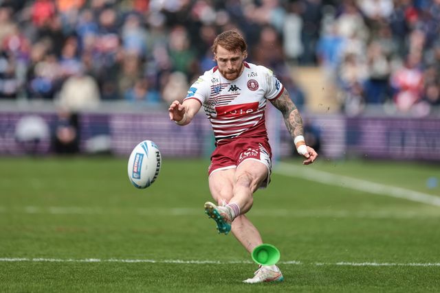 Adam Keighran of Wigan Warriors converts for a goal during the Betfred Challenge Cup Quarter Final match Wakefield Trinity vs Wigan Warriors at DIY Kitchens Stadium, Wakefield, United Kingdom on 12 April 2026

(Photo by Mark Cosgrove/News Images)