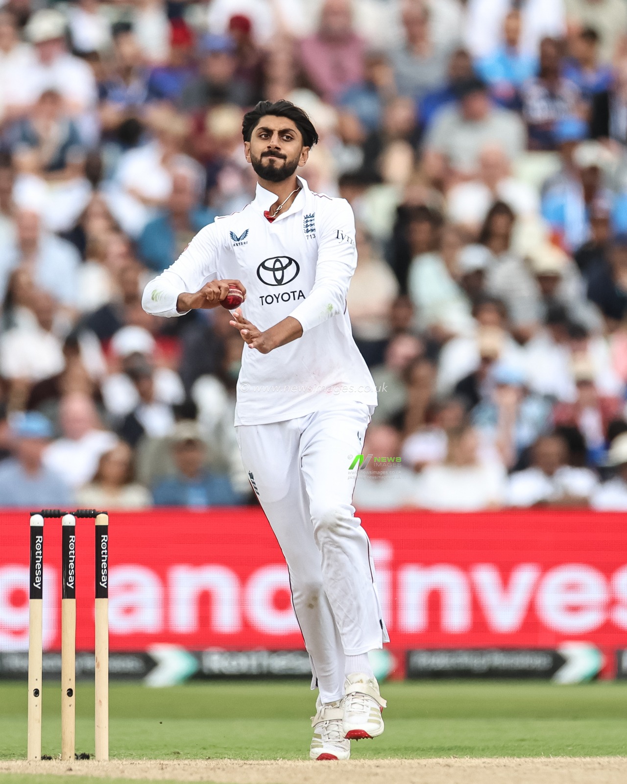 Shoaib Bashir of England delivers the ball during the 2nd Rothesay Test Match day 4 England v India at Edgbaston, Birmingham, United Kingdom, 5th July 2025

(Photo by Mark Cosgrove/News Images)