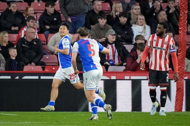 Ryoya Morishita of Blackburn Rovers celebrates his goal to make it  0-2 during the Sky Bet Championship match Sheffield United vs Blackburn Rovers at Bramall Lane, Sheffield, United Kingdom on 22 April 2026

(Photo by Maynard Manyowa/News Images)