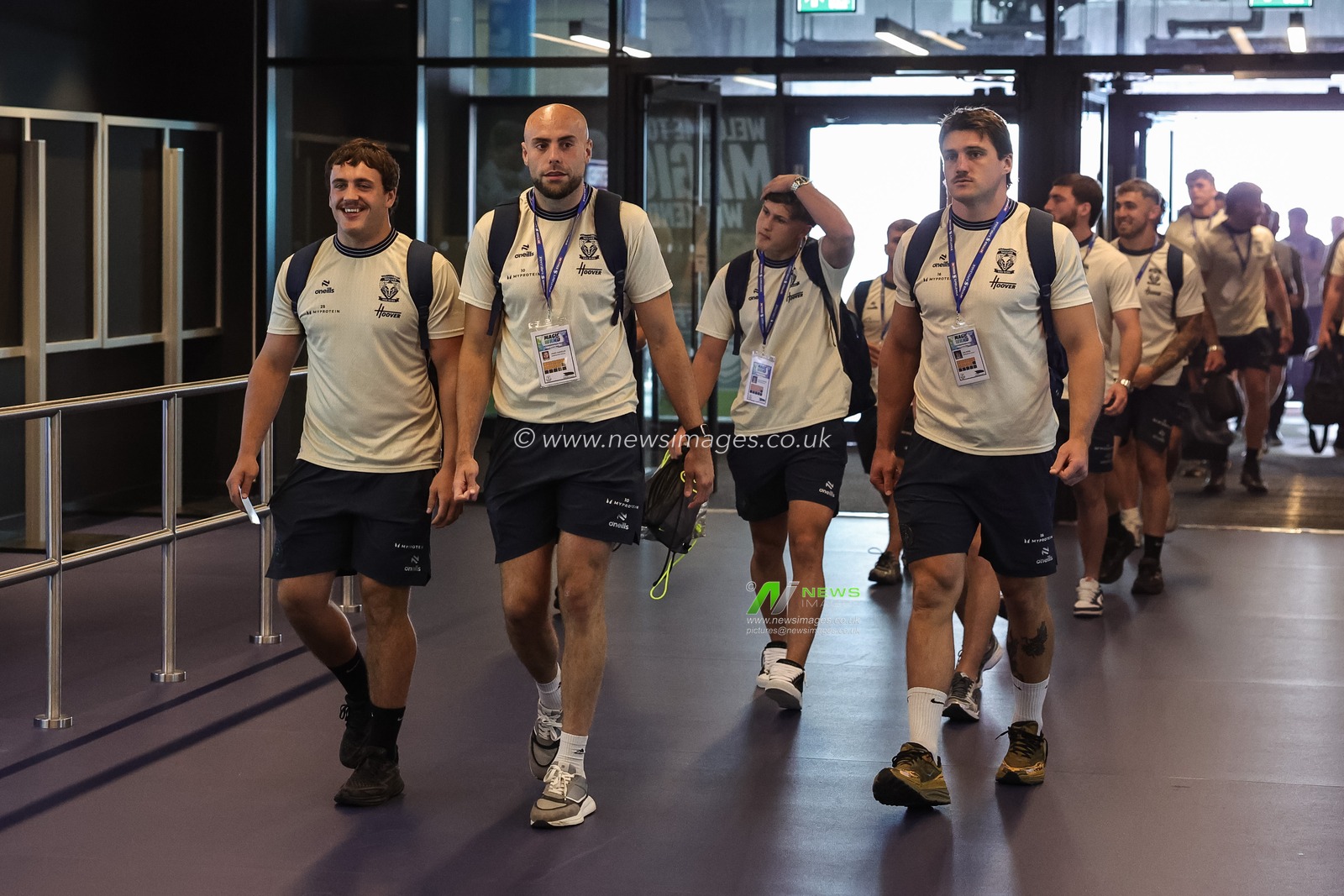 Max Wood, James Harrison and Liam Byrne of Warrington Wolves arrive during the Betfred Super League Magic Weekend match Leigh Leopards vs Warrington Wolves at Hill Dickinson Stadium, Liverpool, United Kingdom on 04 July 2026

(Photo by Mark Cosgrove/News Images)