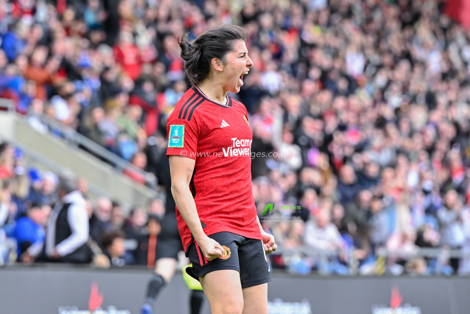 LucÃ­a GarcÃ­a of Manchester United Women celebrates her goal to make it 1-0 Manchester United Women, during the Adobe Women's FA Cup Semi-Final match Manchester United Women vs Chelsea FC Women at Leigh Sports Village, Leigh, United Kingdom, 14th April 2024

(Photo by Cody Froggatt/News Images)