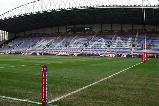 A general view of The Brick Community Stadiummduring the Betfred Super League Round 8 match Wigan Warriors vs St Helens at The Brick Community Stadium, Wigan, United Kingdom, 18th April 2025

(Photo by Mark Cosgrove/News Images)